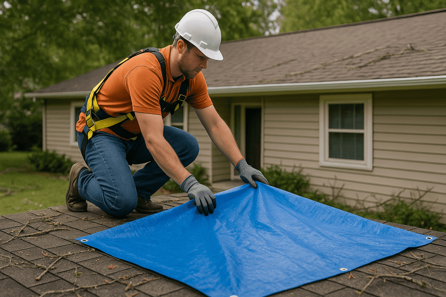 Homeowner applying tarp to damaged roof after storm