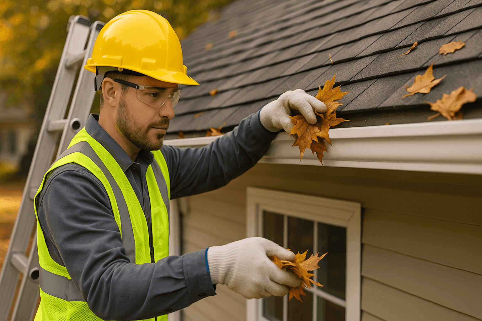 Technician cleaning debris from home gutter system