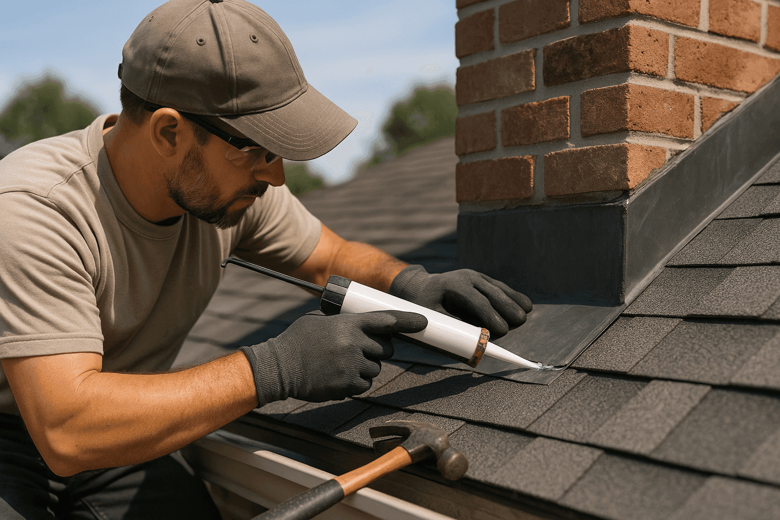 Roofer applying sealant to roof flashing to prevent leaks