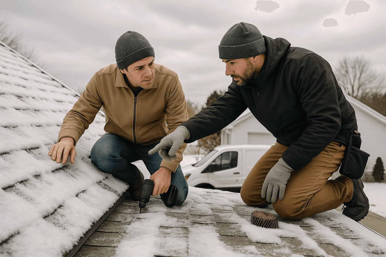 Homeowner and roofer inspecting snow-covered roof before winter storm