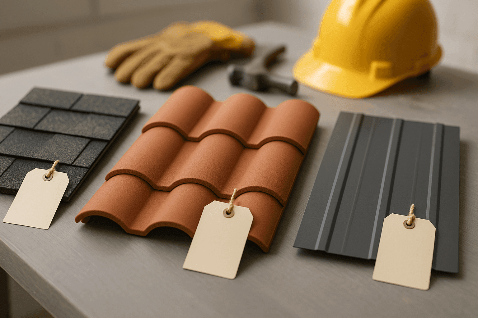 Rows of roofing materials with price tags on workbench