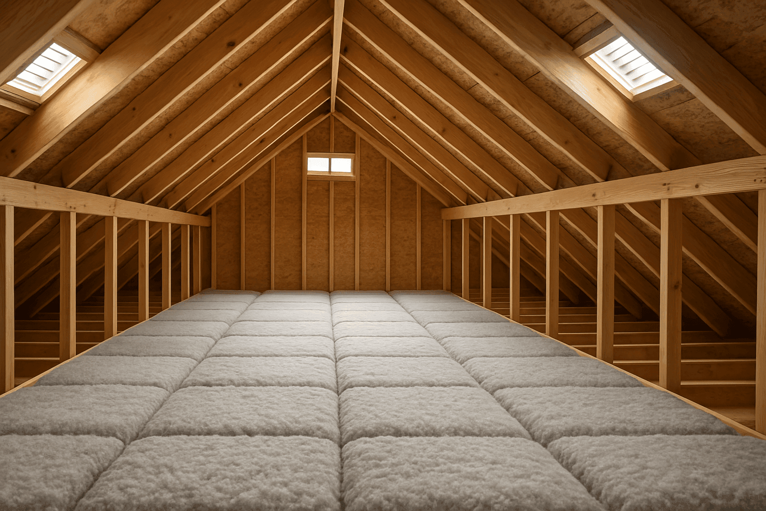 Attic space with modern insulation and roof vents visible