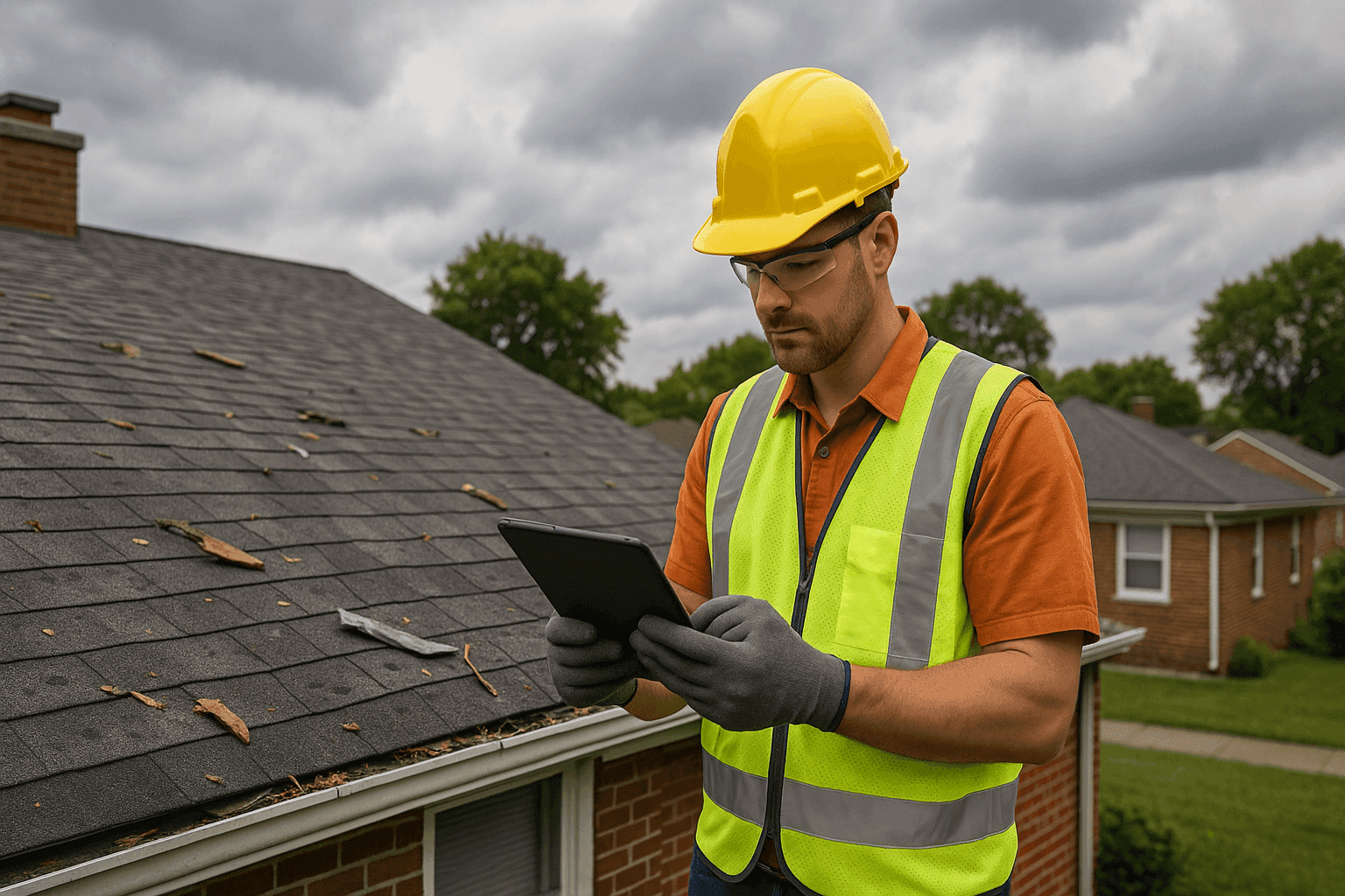 Roof with visible storm and hail damage being inspected