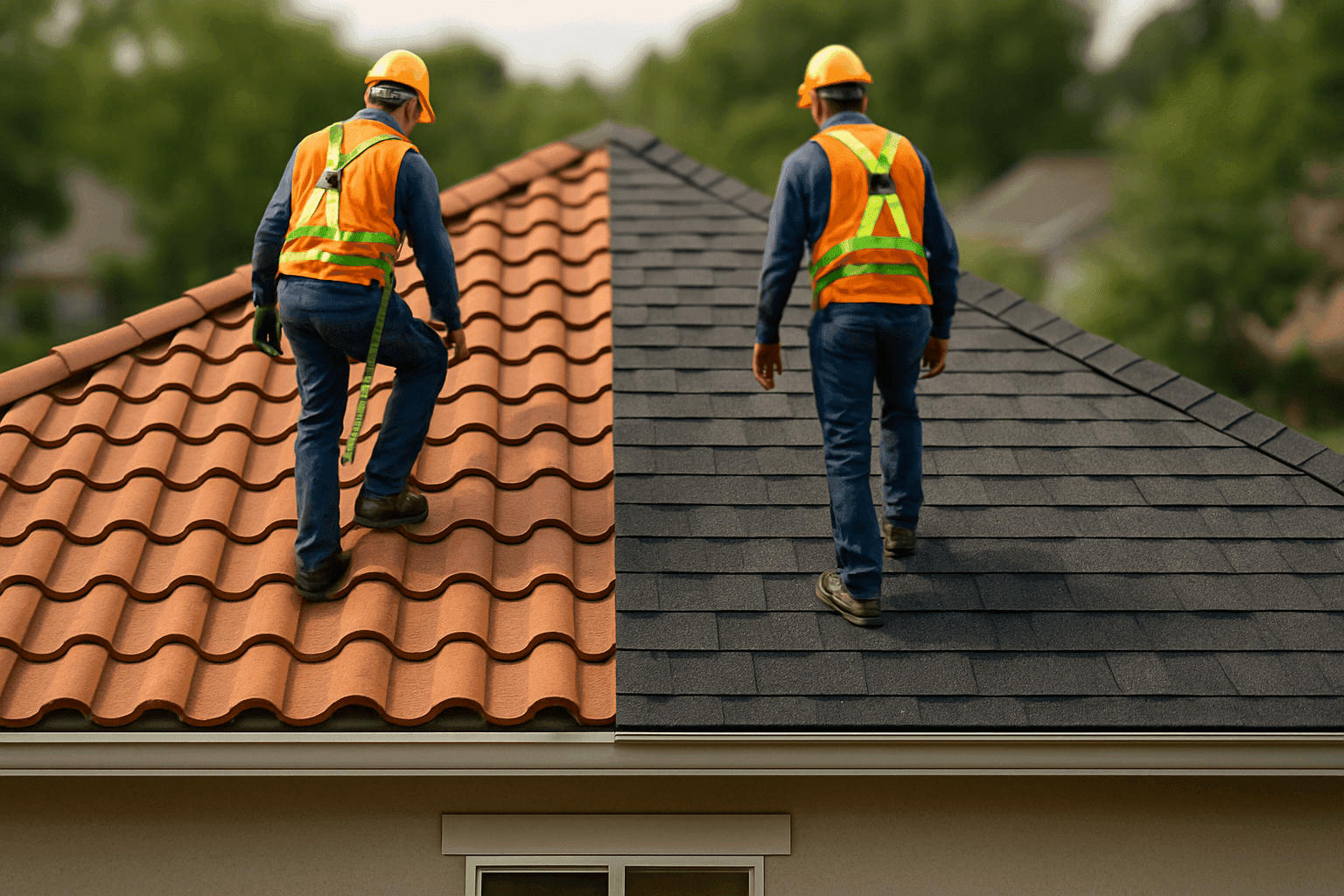 Close-up of tile and shingle roof sections side by side